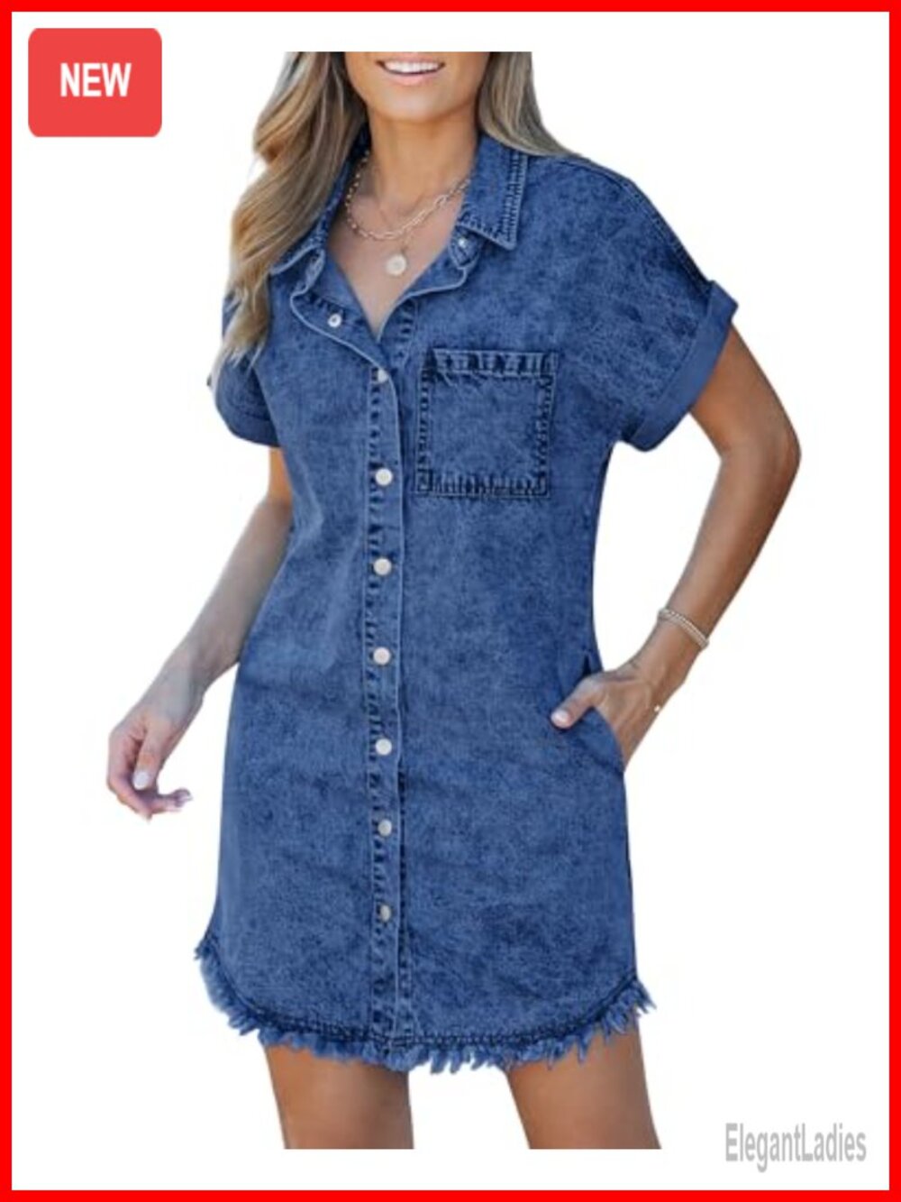 Denim Dress Button Down Short Sleeve Frayed Hem Pockets Casual Summer